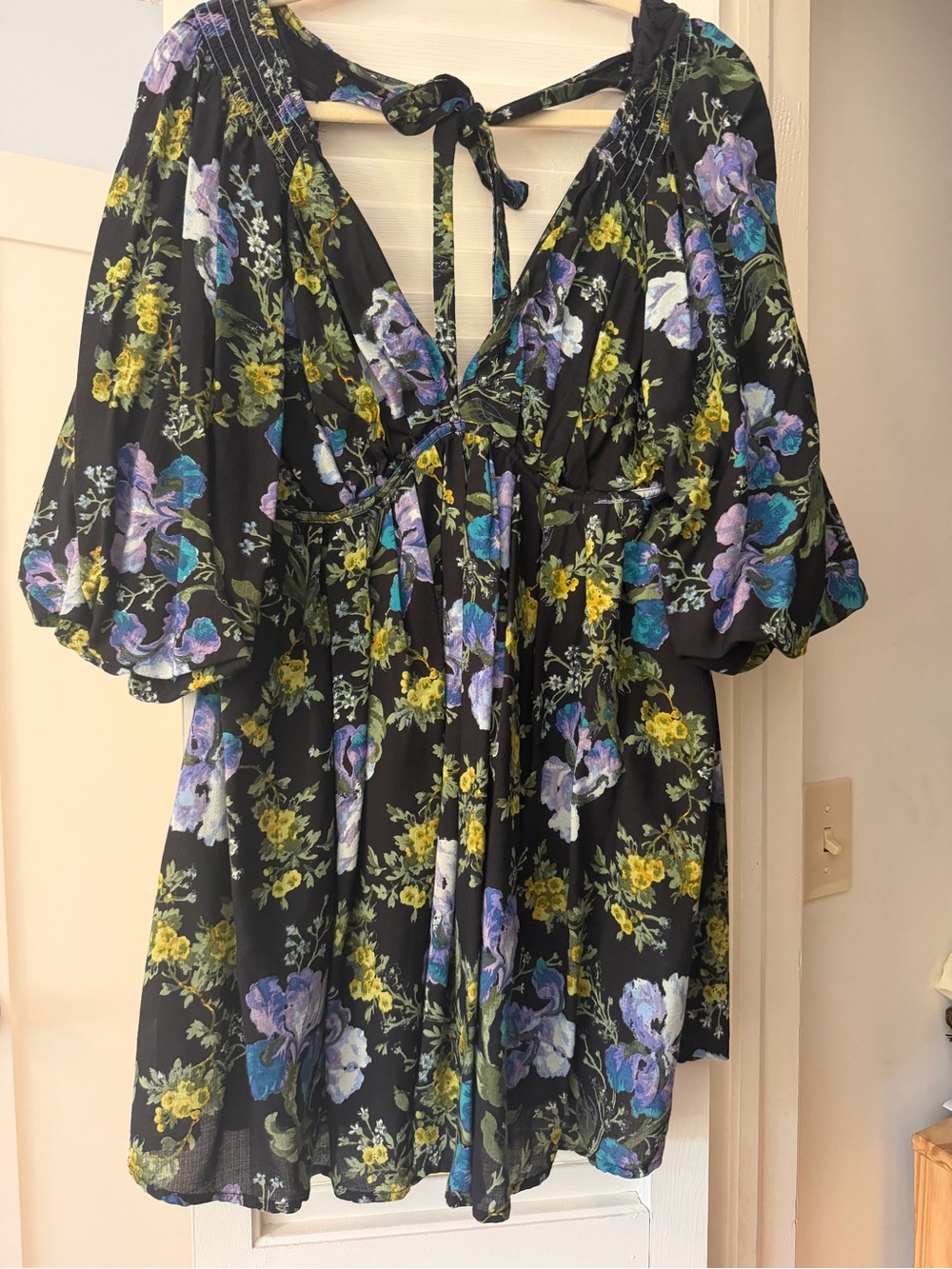 Free People Black Floral Mini Dress with Purple and Yellow Blooms